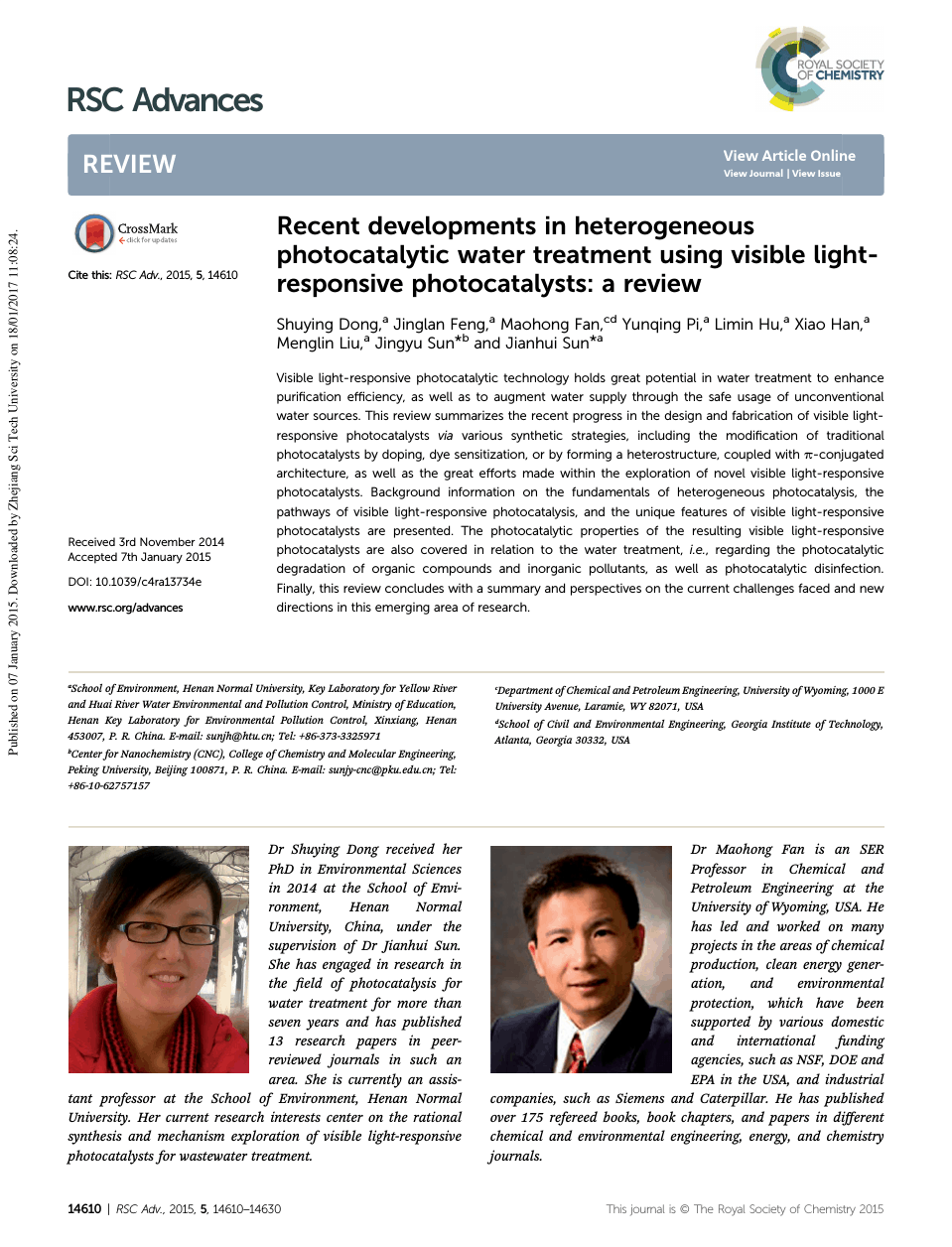 Recent developments in photocatalysts