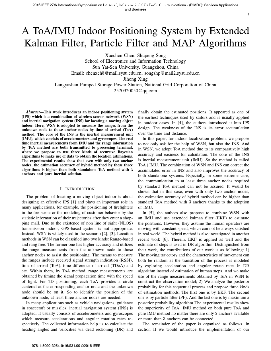 A ToAIMU indoor positioning system by extended Kalman filter, particle filter an